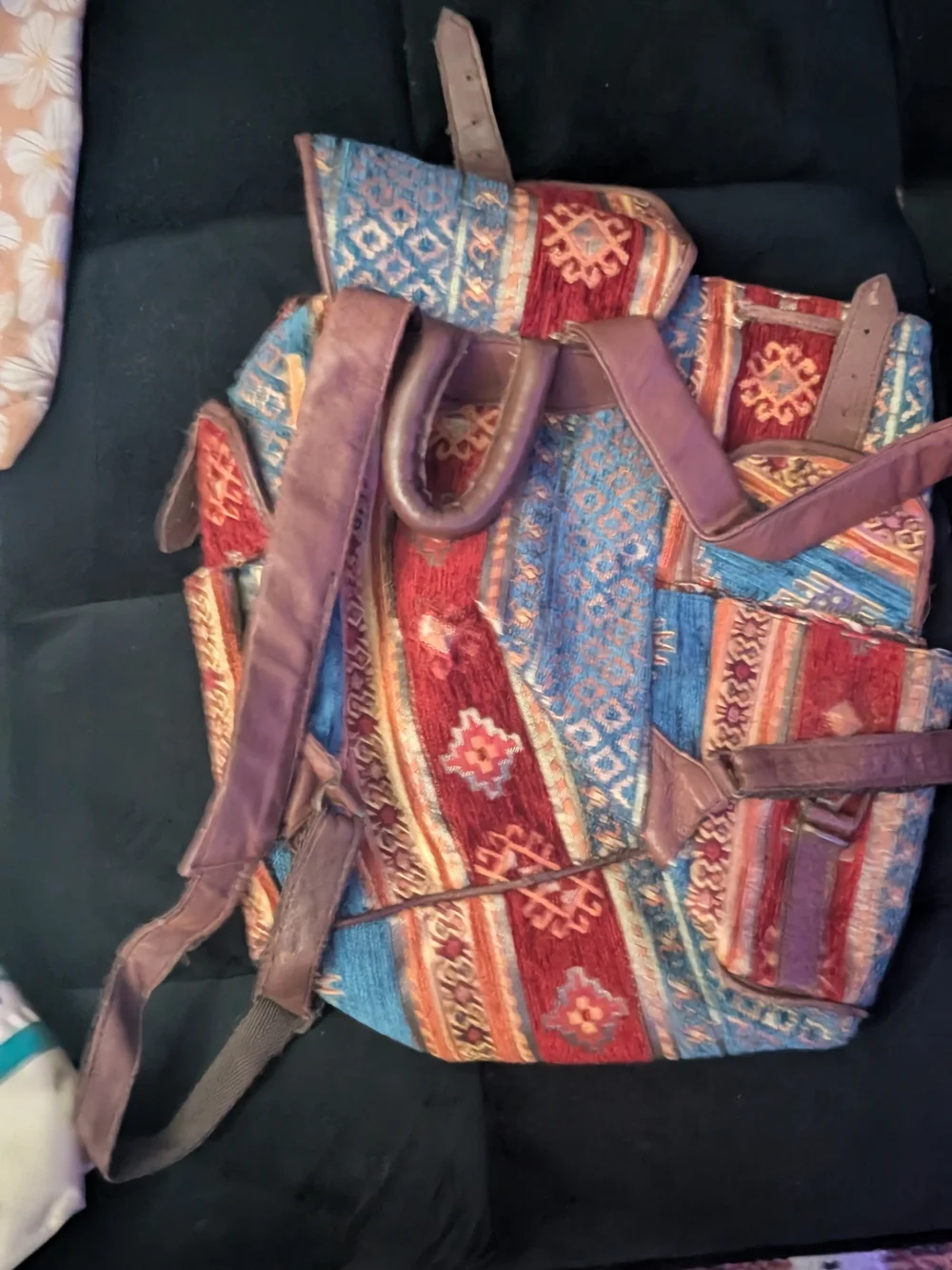 Bohemian Woven Backpack in Blue and Red